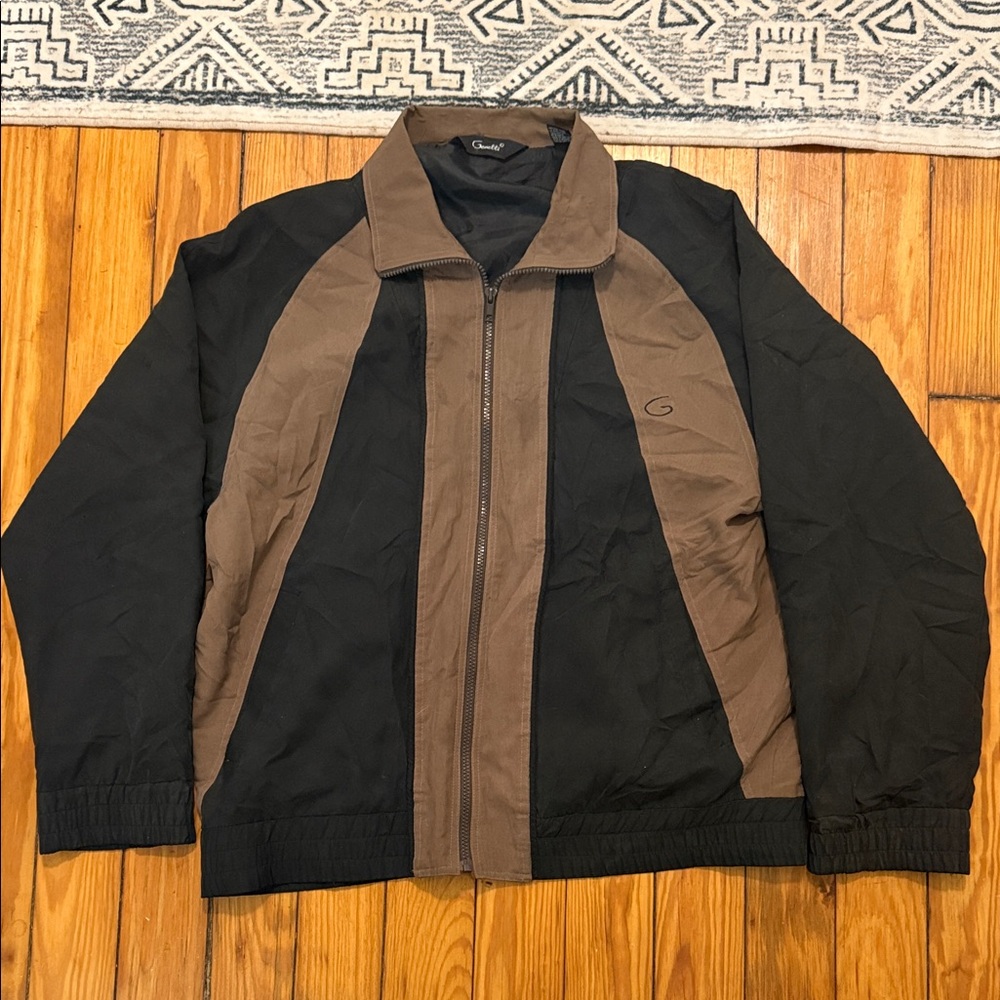 Genelli 100% Silk Men's Black and Brown Zip Bomber Jacket